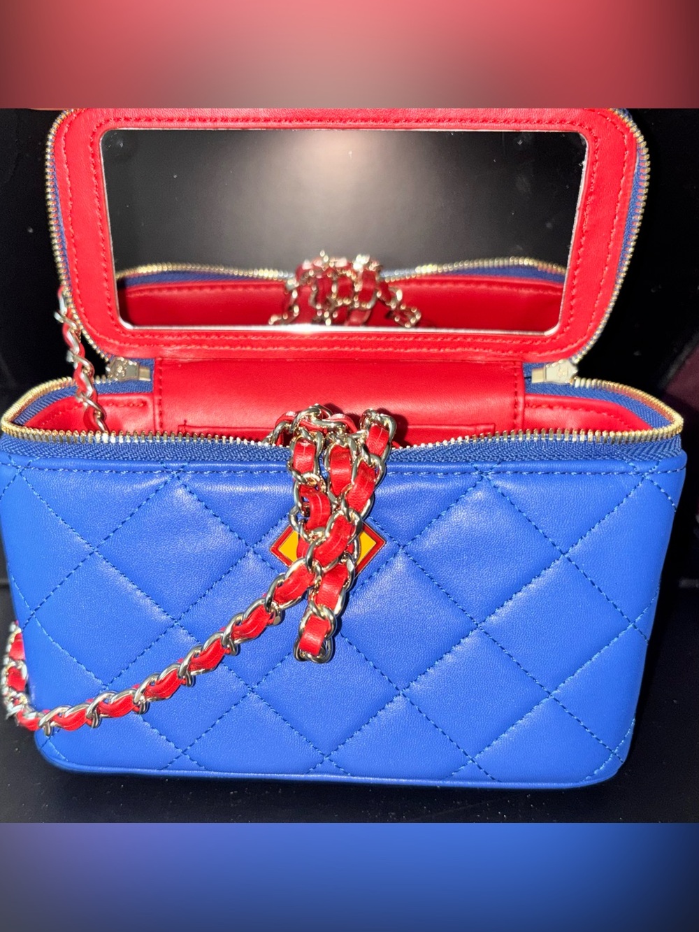 Superman Themed Leathher Quilted Blue and Red Chain Crossbody Mini Bag